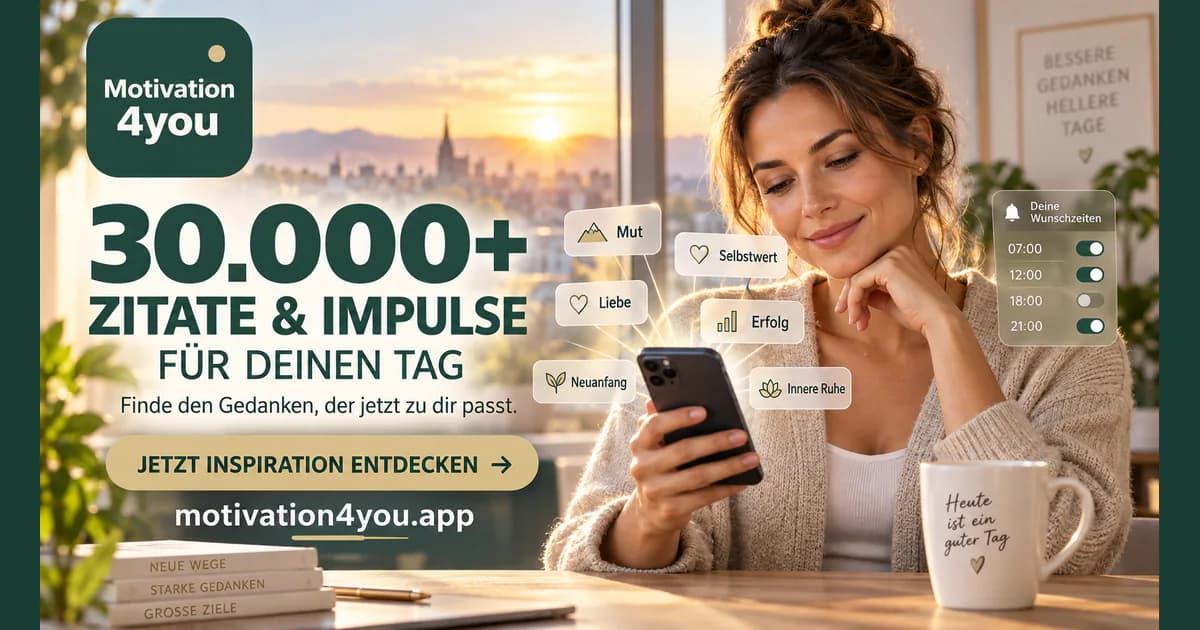 Motivation4you – Zitate und Impulse für den Alltag Motivation4you-Symbolbild: Eine Frau liest am Smartphone; Themen wie Mut, Selbstwert und innere Ruhe sowie geplante Wunschzeiten sind eingeblendet.