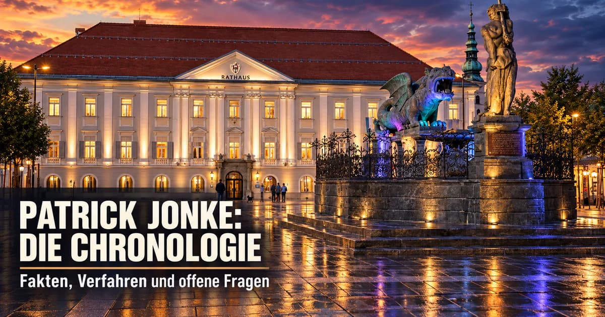 Patrick Jonke in Klagenfurt – Chronologie und offene Fragen Symbolvisualisierung des Klagenfurter Rathauses und Lindwurms mit der Überschrift Patrick Jonke: Die Chronologie – Fakten, Verfahren und offene Fragen.