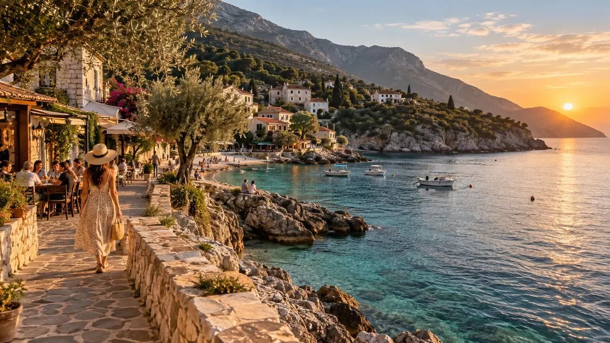 KI-generierte Bucht mit türkisfarbenem Wasser und Küstenort, inspiriert von der Riviera bei Himarë in Albanien