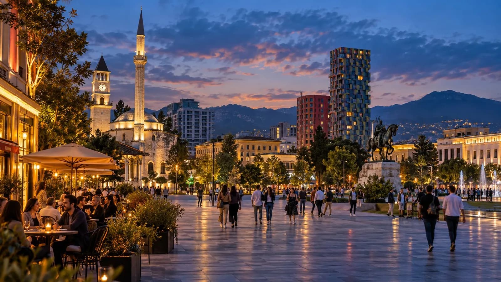 KI-generierter Stadtplatz mit Cafés und beleuchteten Gebäuden am Abend, inspiriert von Tirana in Albanien