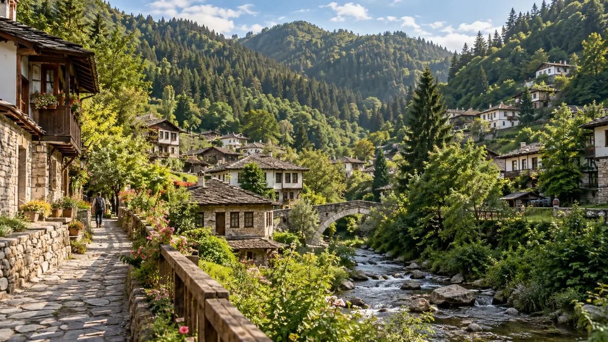 KI-generiertes Bergdorf mit Steinbrücke und bewaldeten Hängen, inspiriert von den Rhodopen