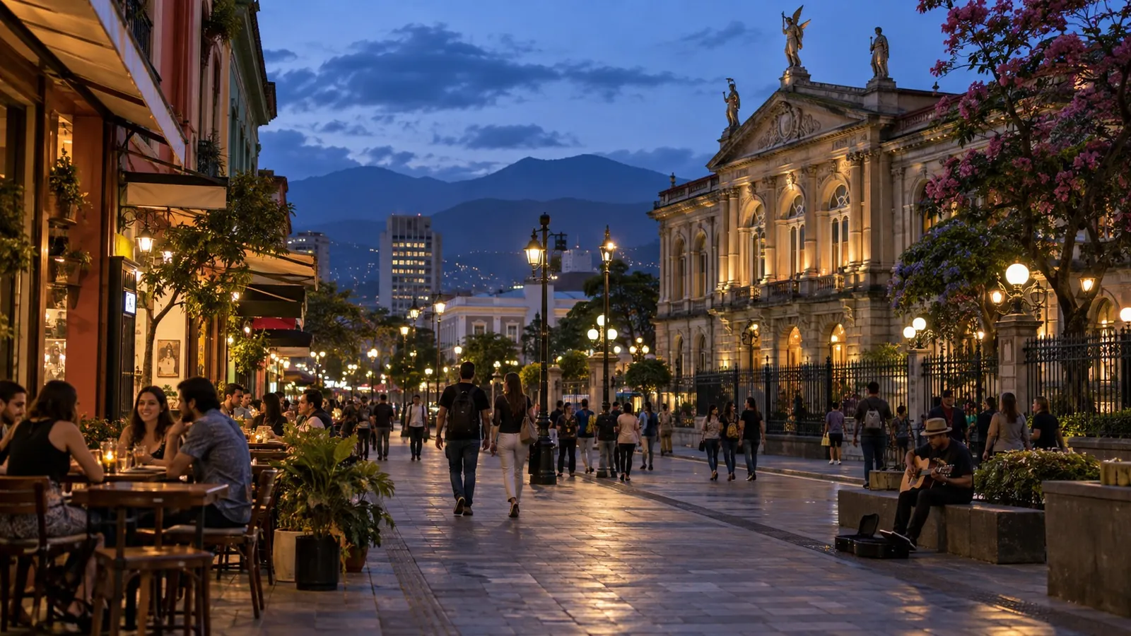 KI-generierte abendliche Stadtansicht mit Fußgängerzone, inspiriert von San José in Costa Rica