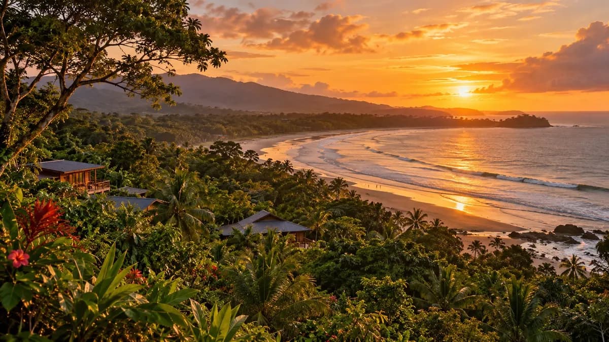 KI-generierte grüne Pazifikküste mit Strand im Sonnenuntergang, inspiriert von Uvita in Costa Rica