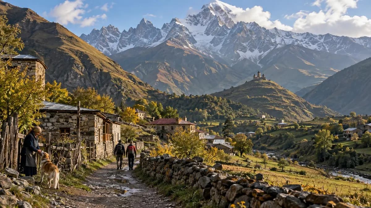 KI-generierte Berglandschaft mit Dorf und schneebedeckten Gipfeln, inspiriert von Kazbegi im Kaukasus