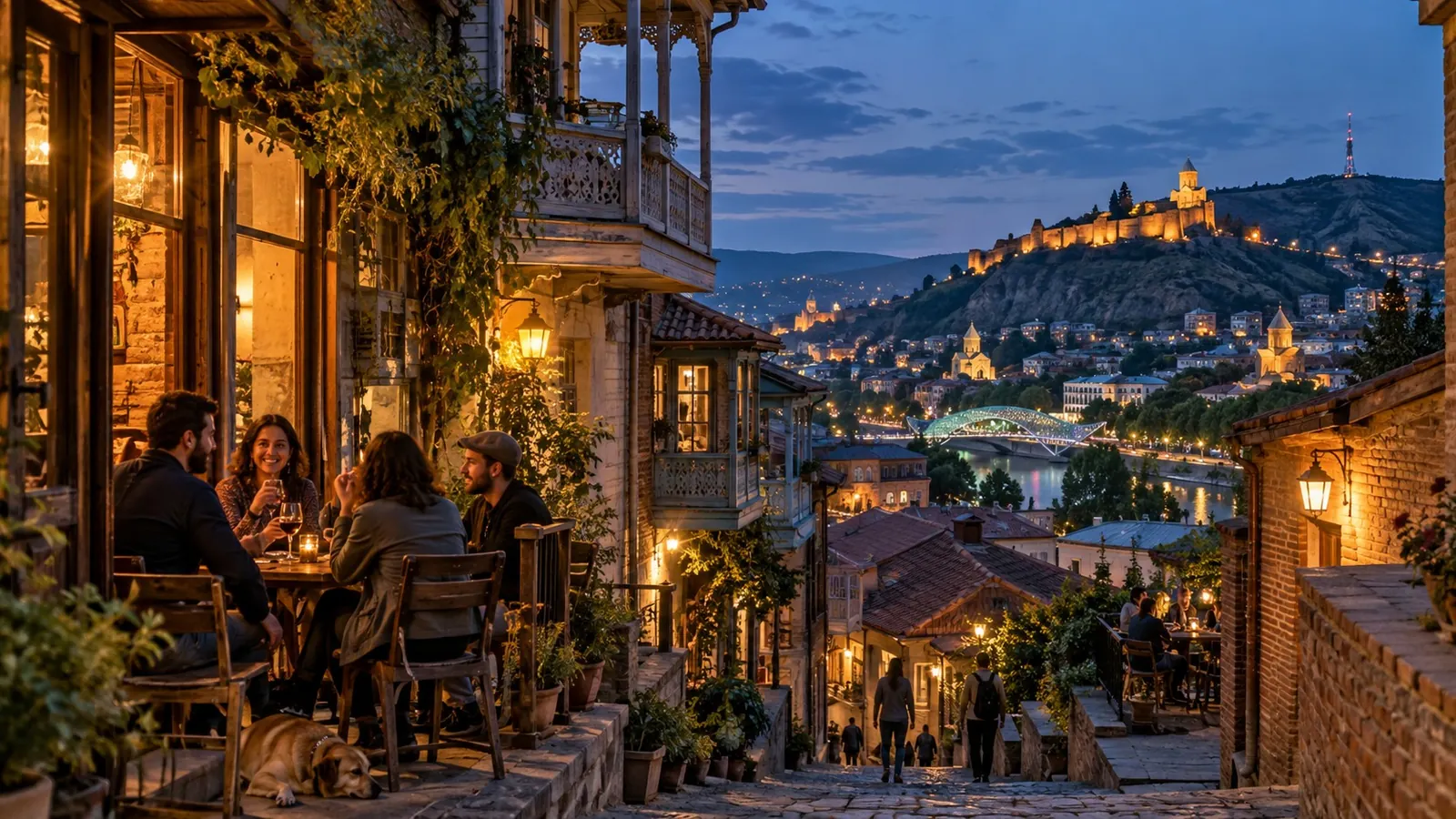 KI-generierte Altstadtgasse mit Blick auf Fluss und Hügel bei Abendlicht, inspiriert von Tbilisi in Georgien