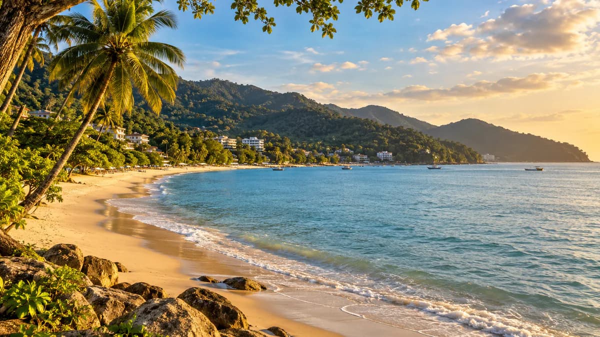 Strand bei Batu Ferringhi – KI-Illustration KI-generierter tropischer Strand mit Palmen und bewaldeten Hügeln, inspiriert von Batu Ferringhi auf Penang