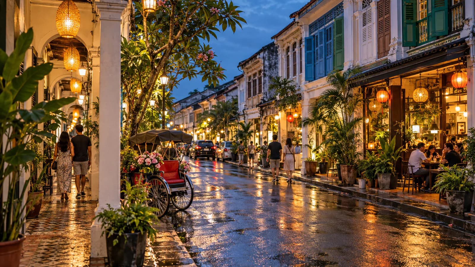 George Town auf Penang am Abend – KI-Illustration KI-generierte abendliche Altstadtstraße mit Arkaden und Cafés, inspiriert von George Town auf Penang in Malaysia