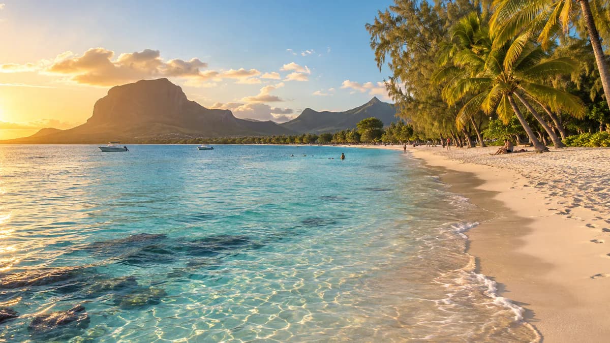 Lagune mit Blick auf Le Morne – KI-Illustration KI-generierte Lagune mit Strand, Palmen und Bergsilhouette, inspiriert von Le Morne auf Mauritius