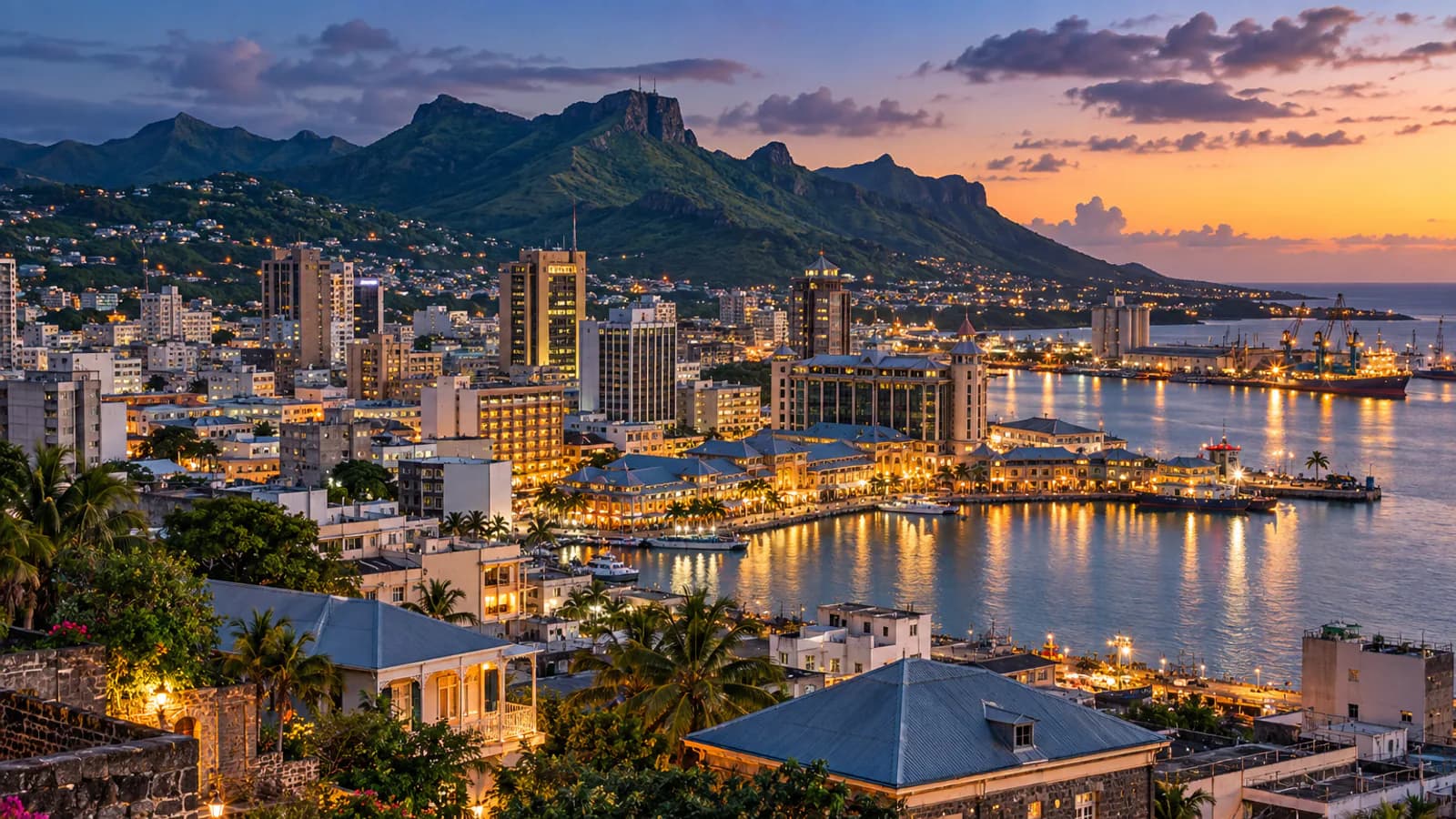 Port Louis und Hafen am Abend – KI-Illustration KI-generierte Abendansicht einer Hafenstadt mit Bergen, inspiriert von Port Louis auf Mauritius
