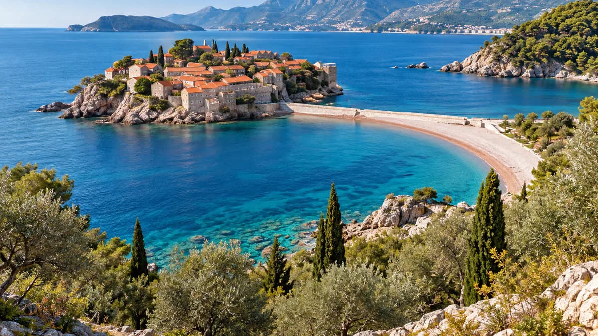 Adriaküste bei Sveti Stefan – KI-Illustration KI-generierte Adriaküste mit kleiner Insel und türkisfarbenem Wasser, inspiriert von Sveti Stefan in Montenegro