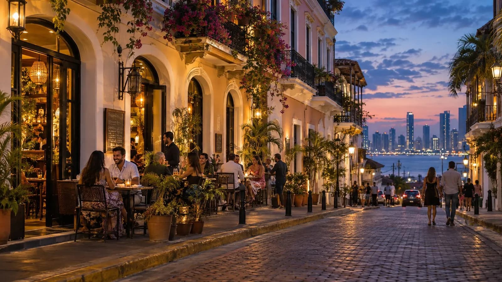KI-generierte Altstadtstraße mit Cafés bei Abendlicht, inspiriert vom Casco Viejo in Panama-Stadt
