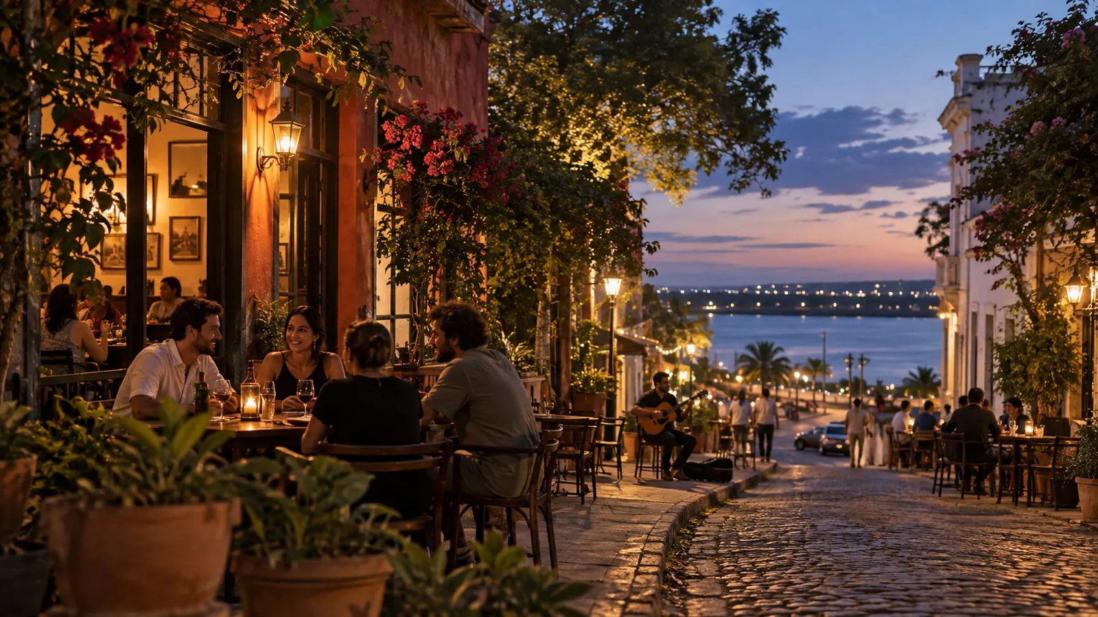 KI-generiertes abendliches Stadtmotiv mit Straßencafé, inspiriert von Asunción in Paraguay