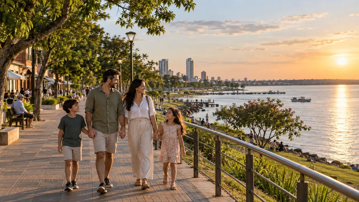 KI-generierte Uferpromenade mit Familie am Fluss, inspiriert von Encarnación am Paraná in Paraguay