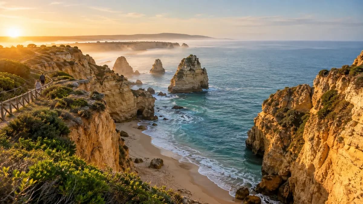KI-generierte Atlantikküste mit Felsen und Strand, inspiriert von der Algarve bei Lagos