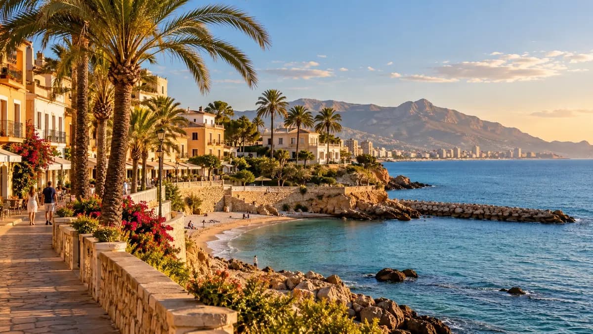 KI-generierte Mittelmeerküste mit Palmen und Promenade, inspiriert von der Region Alicante