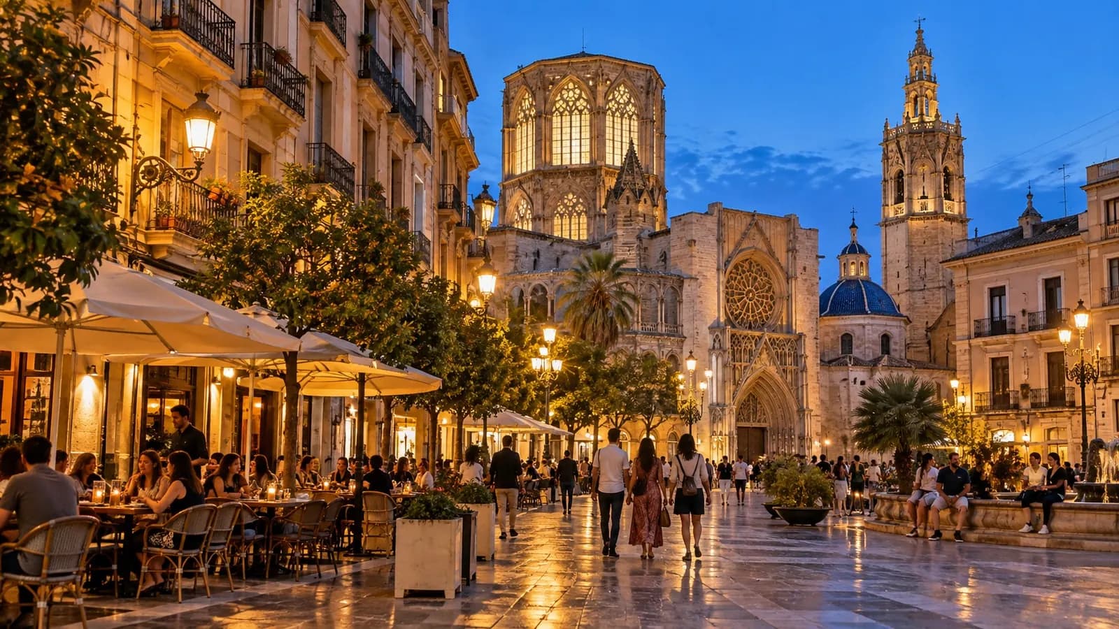 KI-generierter Altstadtplatz am Abend mit Cafés und historischen Fassaden, inspiriert von Valencia in Spanien