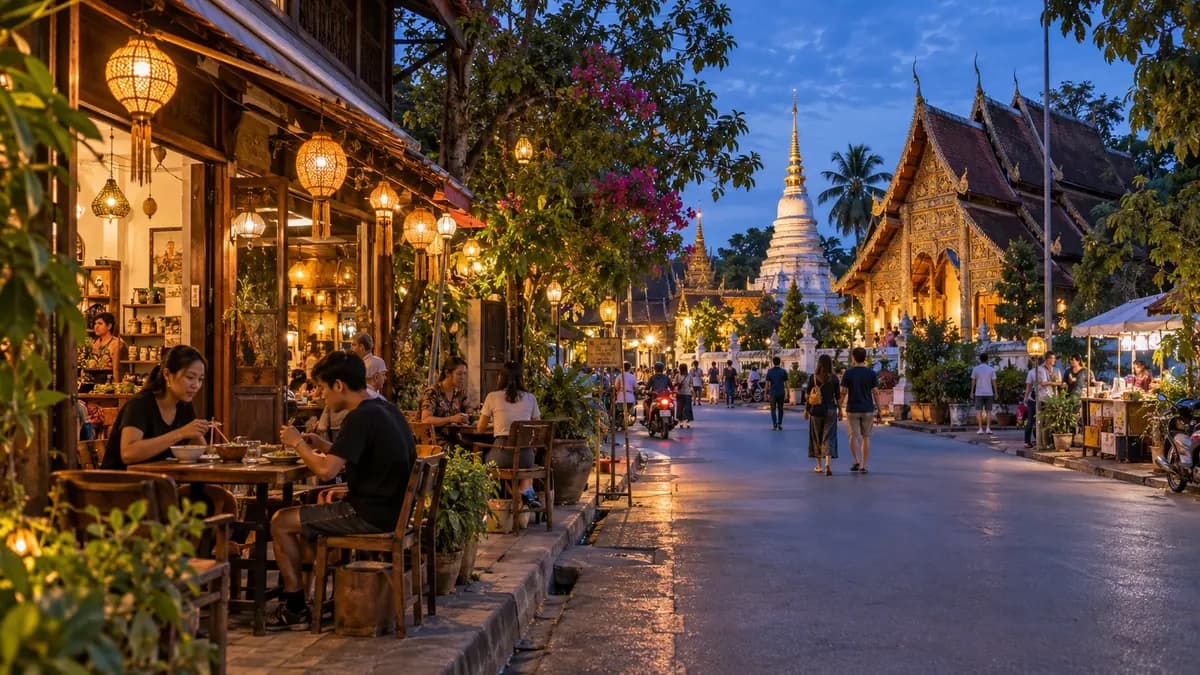 KI-generierte abendliche Straße mit Cafés und Tempelarchitektur, inspiriert von Chiang Mai