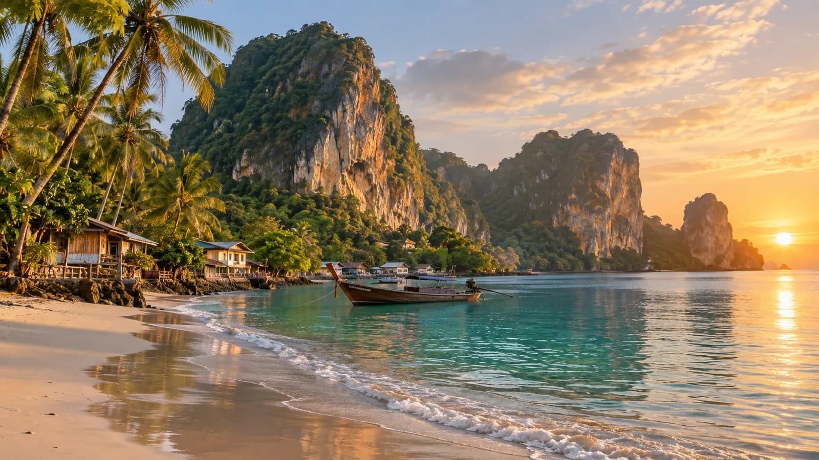 KI-generierte tropische Küste mit Karstfelsen und Boot, inspiriert von Krabi in Thailand