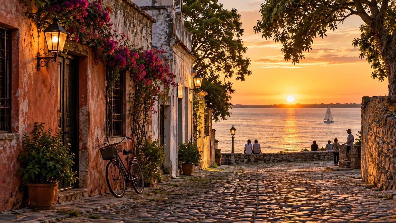 KI-generierte historische Gasse mit Blick auf ein Flussufer bei Sonnenuntergang, inspiriert von Uruguay
