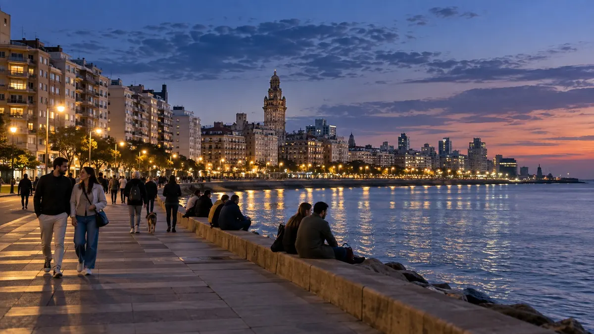 KI-generierte städtische Uferpromenade mit Häuserzeile bei Abendlicht, inspiriert von Uruguay