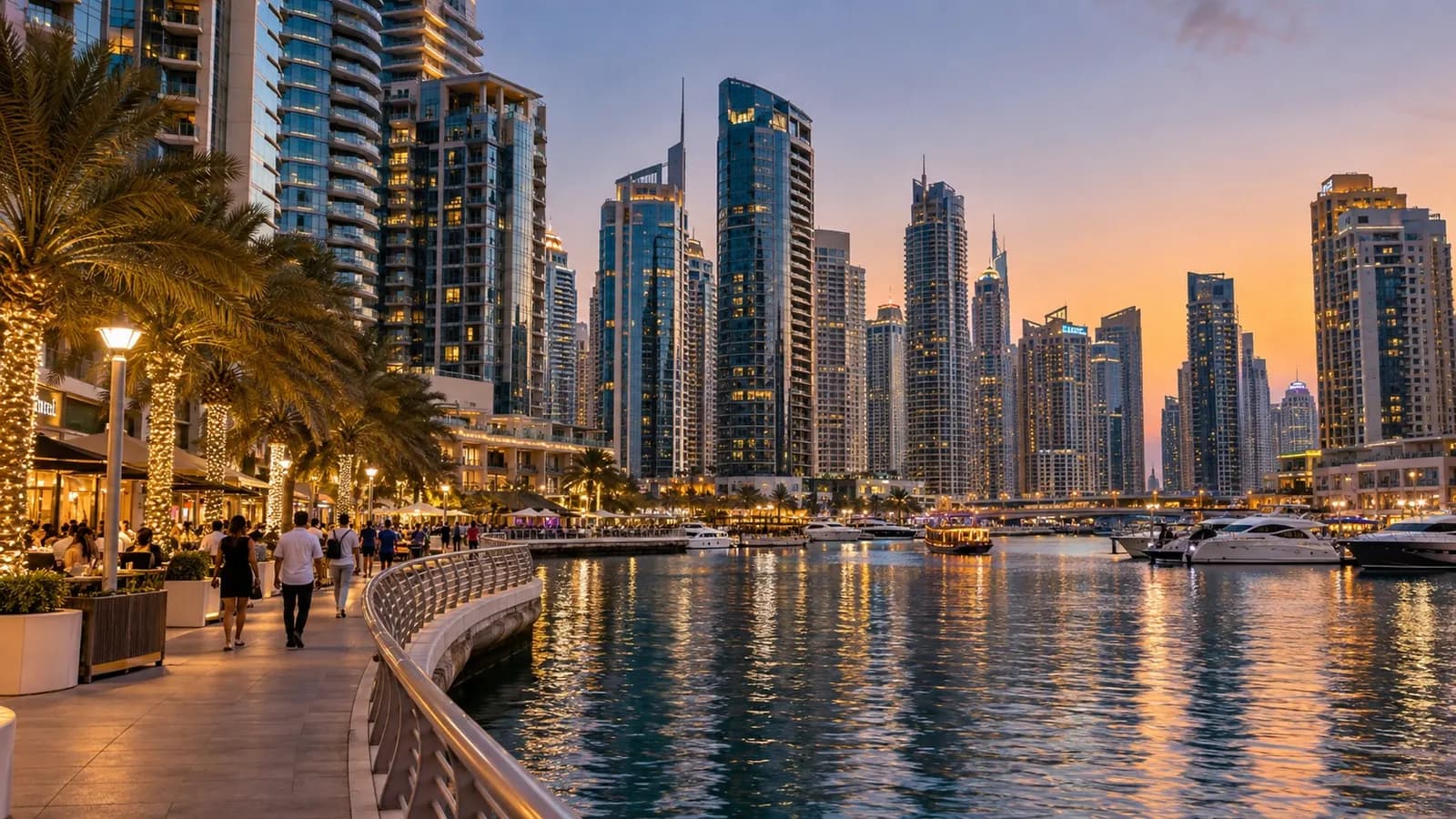 KI-generierte Abendansicht von Hochhäusern und Wasserpromenade, inspiriert von Dubai Marina
