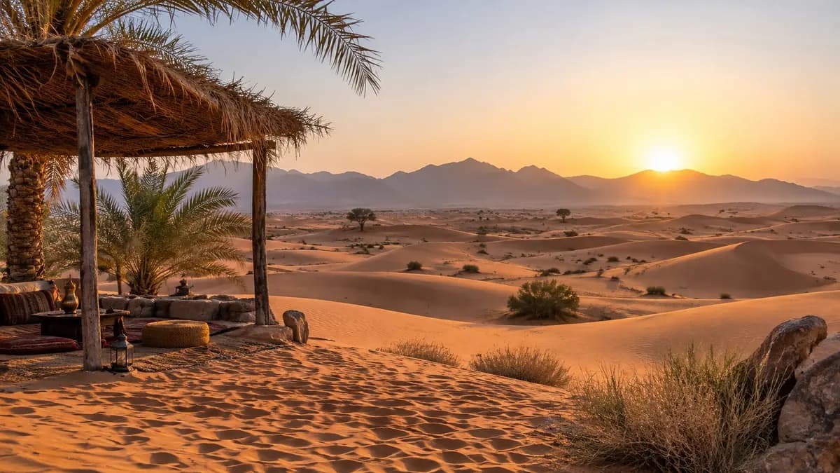 KI-generierte Wüstenlandschaft mit Dünen bei Sonnenaufgang, inspiriert von der Umgebung Dubais