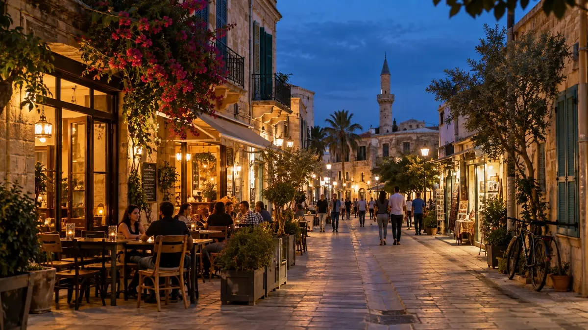 KI-generierte abendliche Altstadtgasse mit Cafés, inspiriert von Nikosia auf Zypern