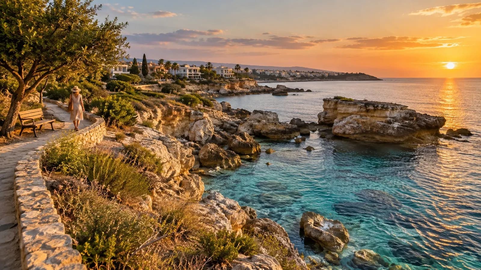 KI-generierte Küstenstimmung mit Felsen und Sonnenuntergang, inspiriert von Paphos auf Zypern