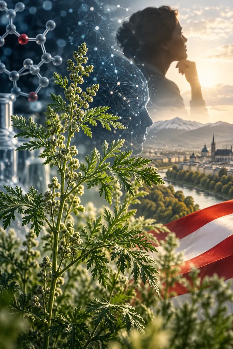KI-generierte Symbolvisualisierung mit Artemisia-annua-Pflanze, Forschungsnetzwerk und nachdenklicher Person vor österreichischer Landschaft