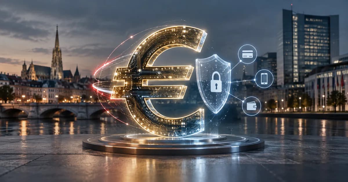 Digitaler Euro zwischen Innovation, Privatsphäre und öffentlicher Kontrolle KI-generierte redaktionelle Visualisierung eines digitalen Euro-Zeichens neben einem Datenschutzschild