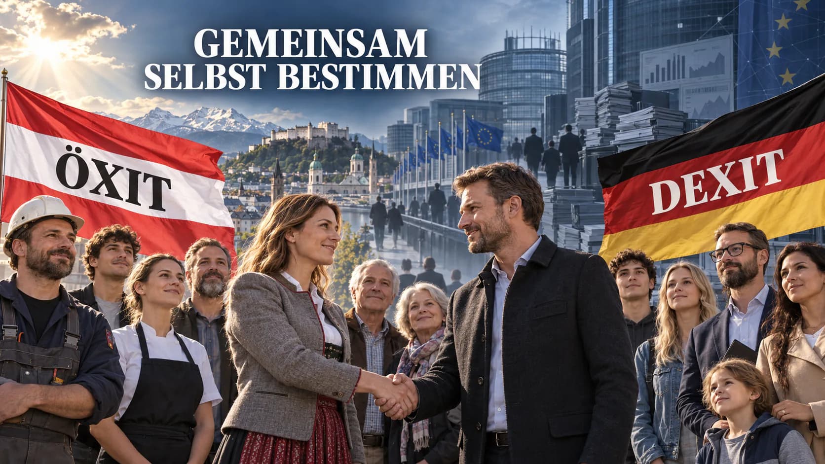 Öxit, Dexit oder EU-Reform – quellenbasiertes Bürgerschutz-Dossier KI-generierte Symbolvisualisierung mit österreichischer Öxit- und deutscher Dexit-Fahne vor dem Europäischen Parlament