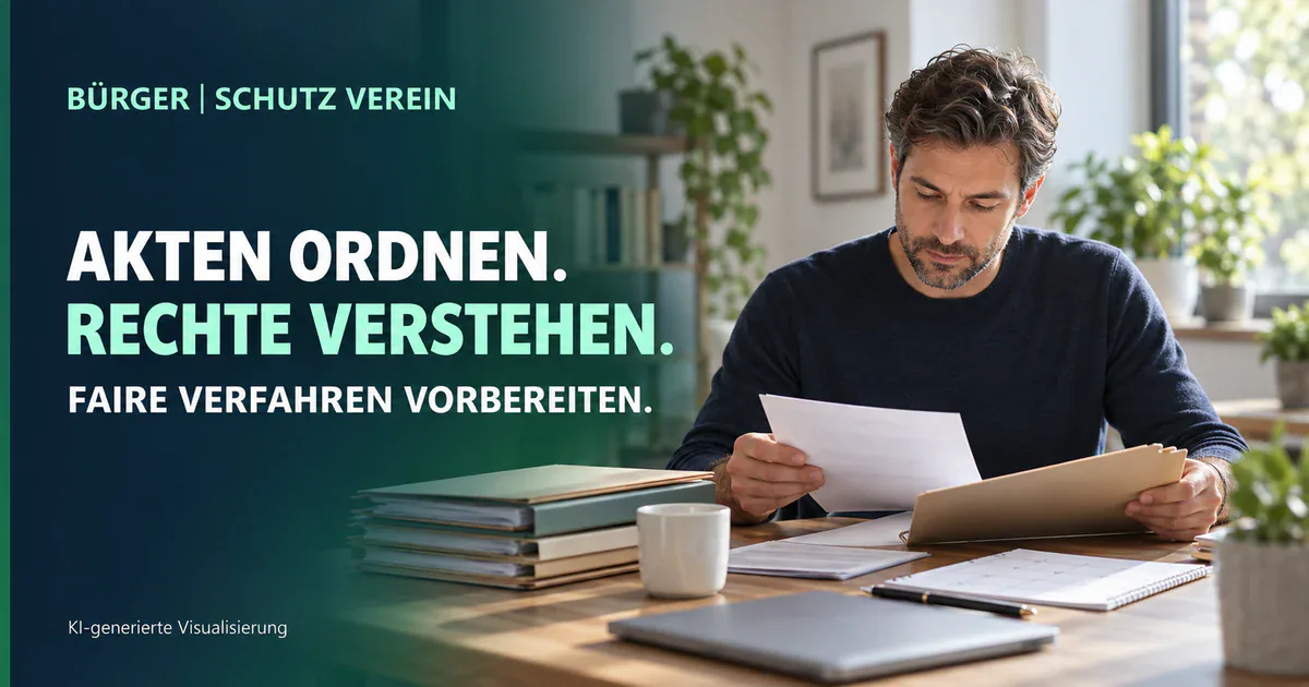 Scheidungsrecht für Männer – Akten und Verfahrensunterlagen ordnen Mann ordnet Unterlagen für ein Scheidungsverfahren – KI-Visualisierung zum Scheidungsrecht für Männer