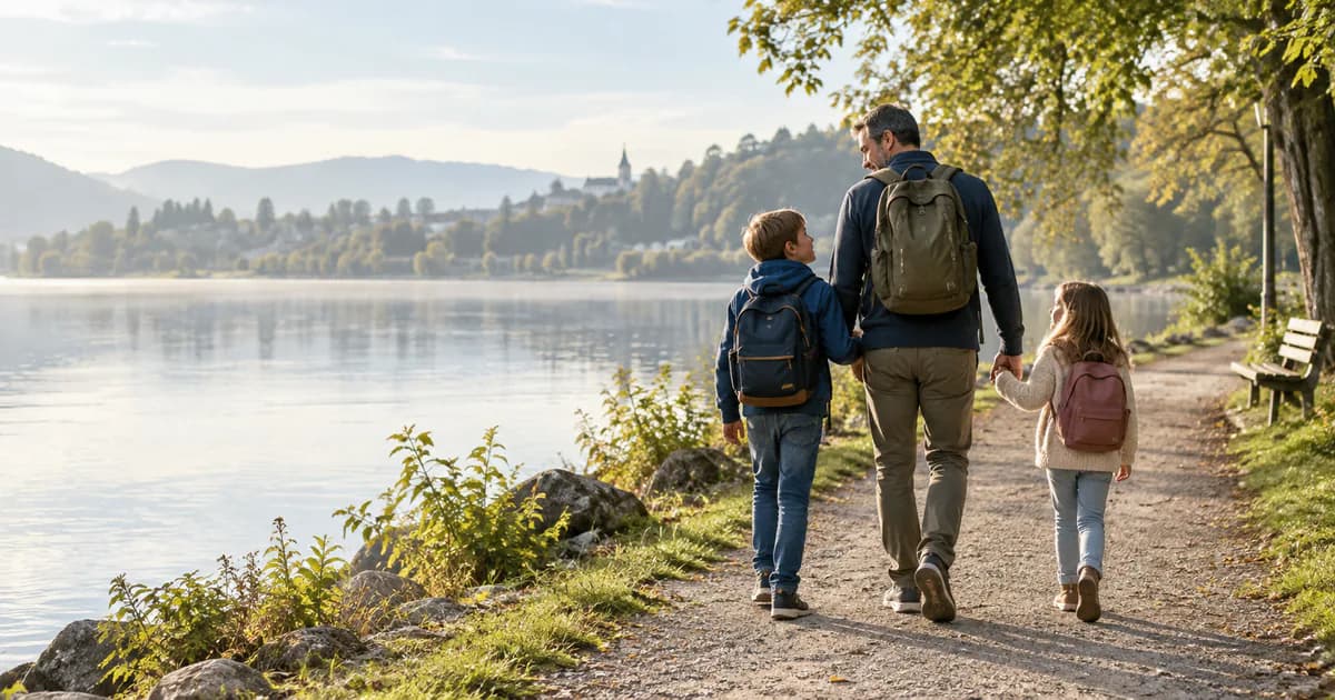 Orientierungs-Check bei Trennung und Scheidung – Vater mit zwei Kindern Fiktiver Vater geht mit zwei Kindern an einem Seeweg – Visualisierung zum Orientierungs-Check bei Trennung und Scheidung
