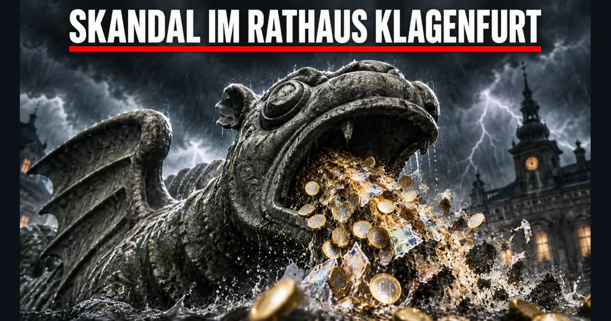 Arbeitszeitguthaben im Klagenfurter Rathaus – Aufklärungsprojekt Zugespitzte KI-Symbolvisualisierung des Klagenfurter Lindwurms mit eingeblendeter Überschrift zum Klagenfurter Rathaus