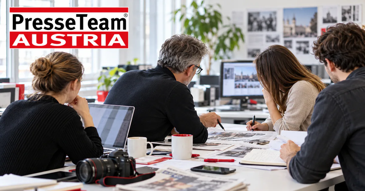 PresseTeam Austria – redaktionelles Symbolbild Symbolbild einer Redaktionsbesprechung mit PresseTeam-Austria-Schriftzug; keine Darstellung von Robert Graf oder des tatsächlichen Teams