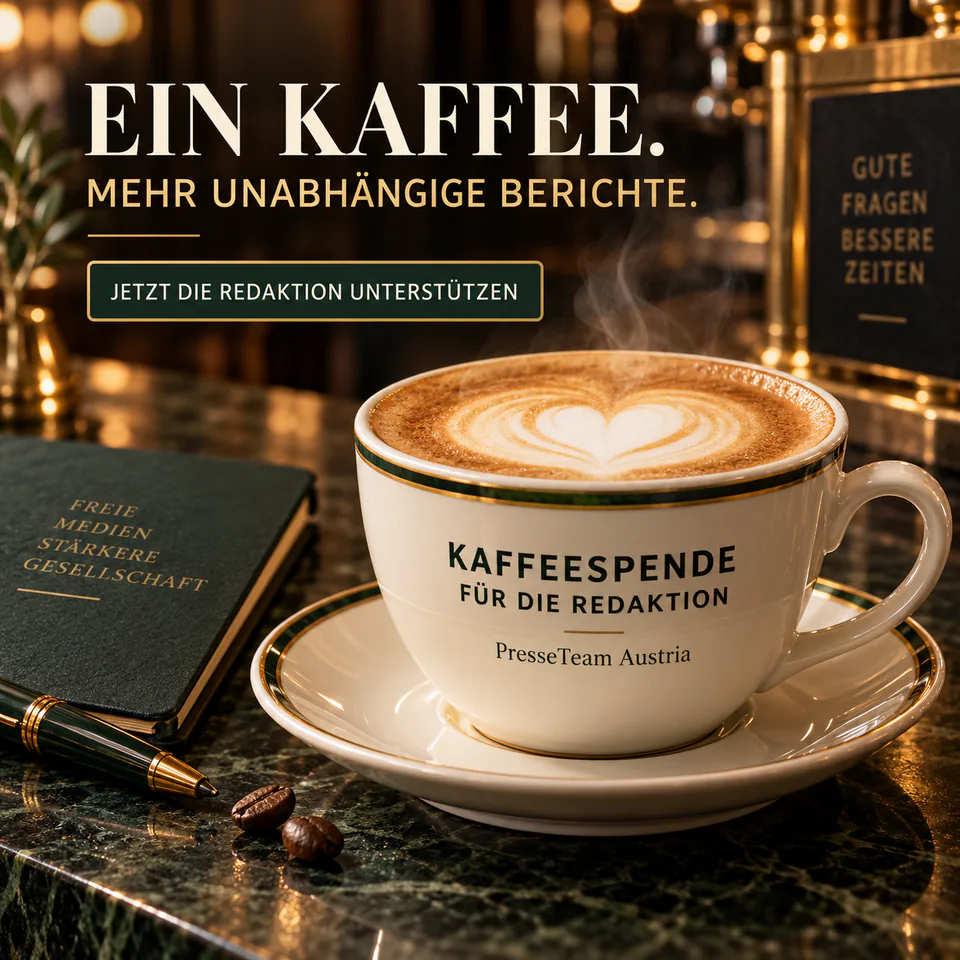 Warme Kaffeetasse mit Herz im Milchschaum: Ein Kaffee für mehr unabhängige Berichte von PresseTeam Austria.