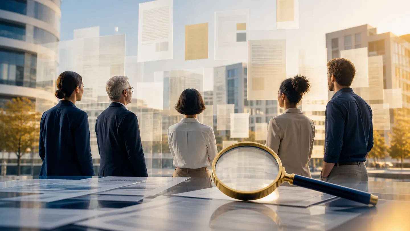 KI-generierte Visualisierung einer zivilgesellschaftlichen Recherchegruppe vor moderner europäischer Architektur mit transparenten Dokumentebenen und Lupe