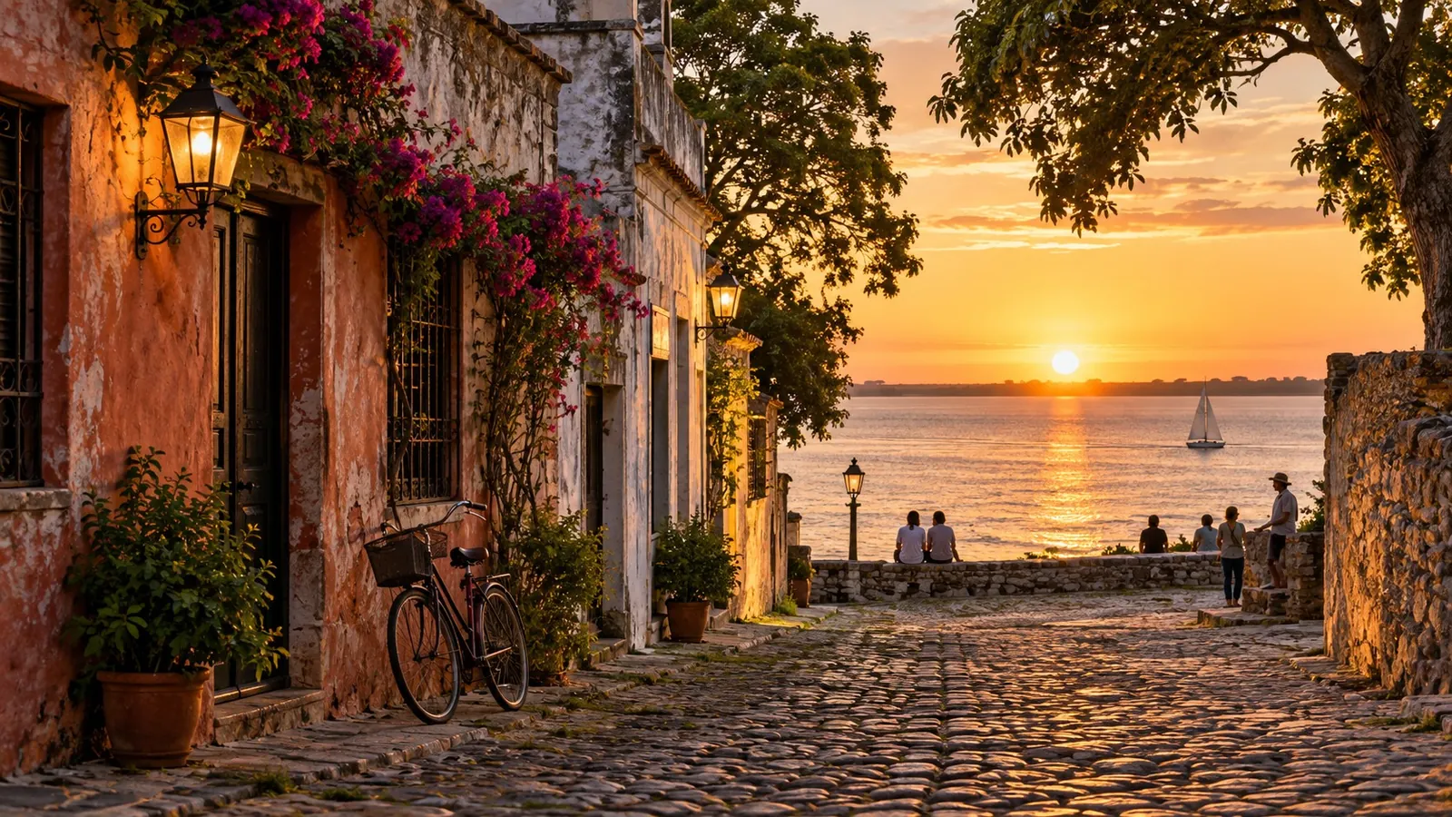 KI-generierte historische Gasse mit Blick auf ein Flussufer bei Sonnenuntergang, inspiriert von Uruguay