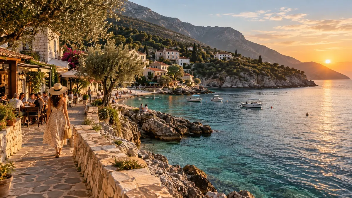 KI-generierte Bucht mit türkisfarbenem Wasser und Küstenort, inspiriert von der Riviera bei Himarë in Albanien