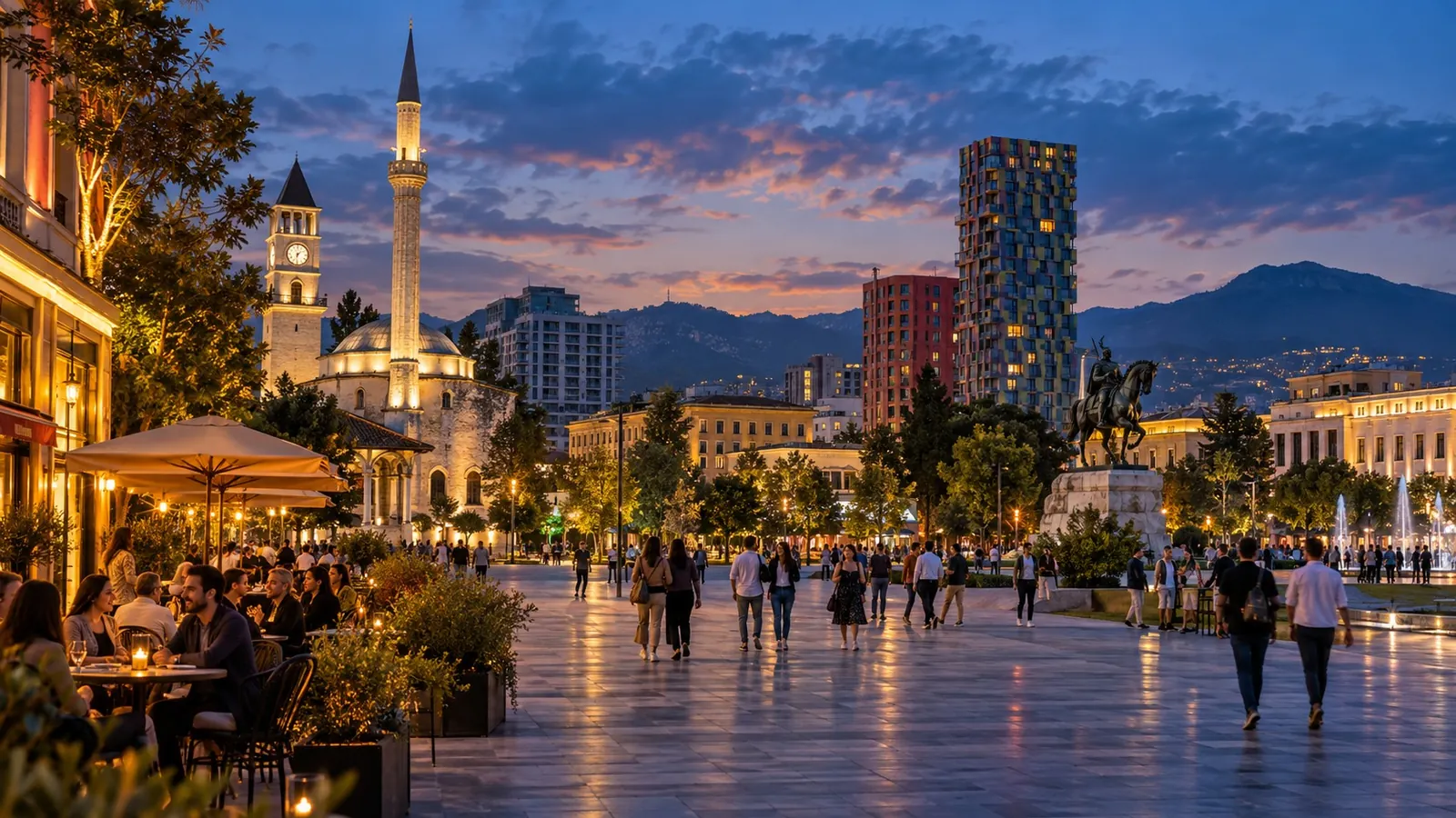 KI-generierter Stadtplatz mit Cafés und beleuchteten Gebäuden am Abend, inspiriert von Tirana in Albanien