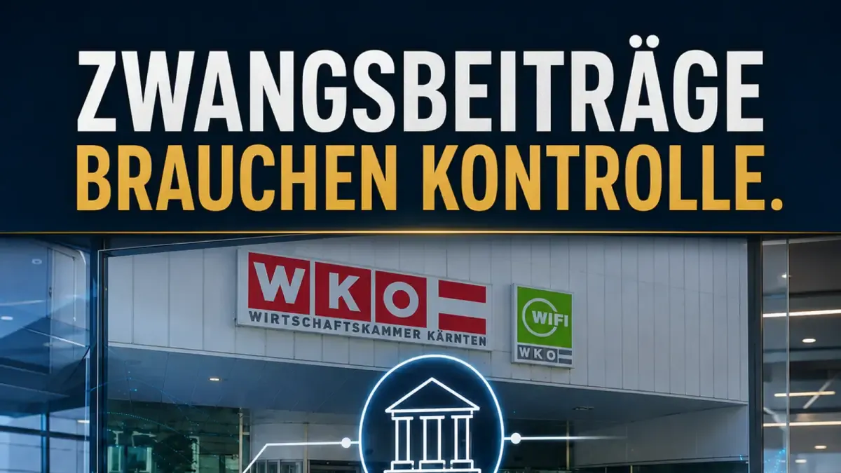 Gestaltetes AFWK-Kampagnenmotiv mit WKO-Kärnten-Gebäude und dem Slogan Zwangsbeiträge brauchen Kontrolle