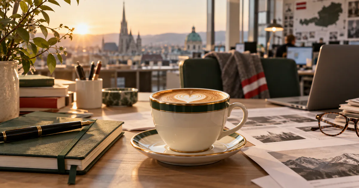 KI-generierte Symbolvisualisierung einer Redaktion mit Kaffeetasse, Notizbuch und Rechercheunterlagen im warmen Morgenlicht