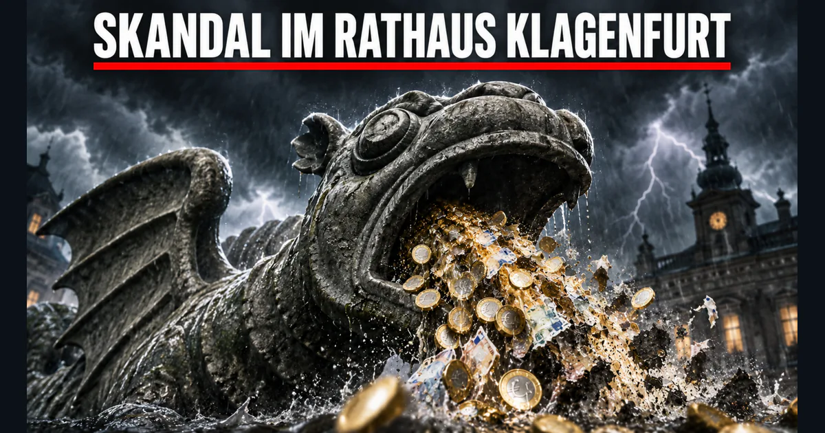 Zugespitzte KI-Symbolvisualisierung des Klagenfurter Lindwurms mit eingeblendeter Überschrift zum Klagenfurter Rathaus