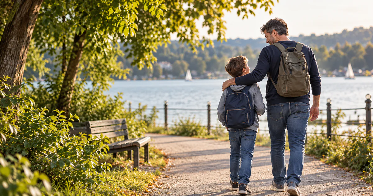 Vater und Sohn gehen gemeinsam an einem See – Visualisierung zum Scheidungsrecht für Männer