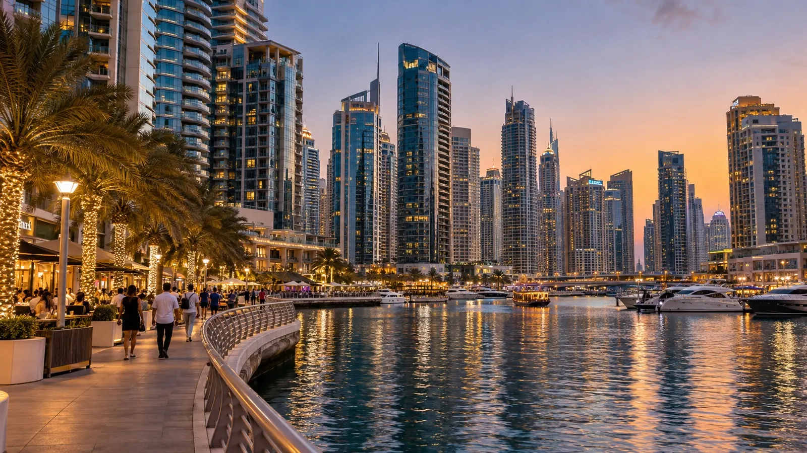 KI-generierte Abendansicht von Hochhäusern und Wasserpromenade, inspiriert von Dubai Marina
