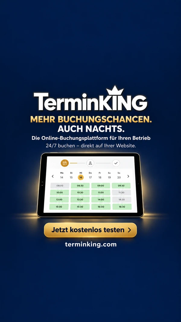 TerminKing – Mehr Buchungschancen. Auch nachts. Online-Buchungsplattform für Ihren Betrieb. Jetzt kostenlos testen.