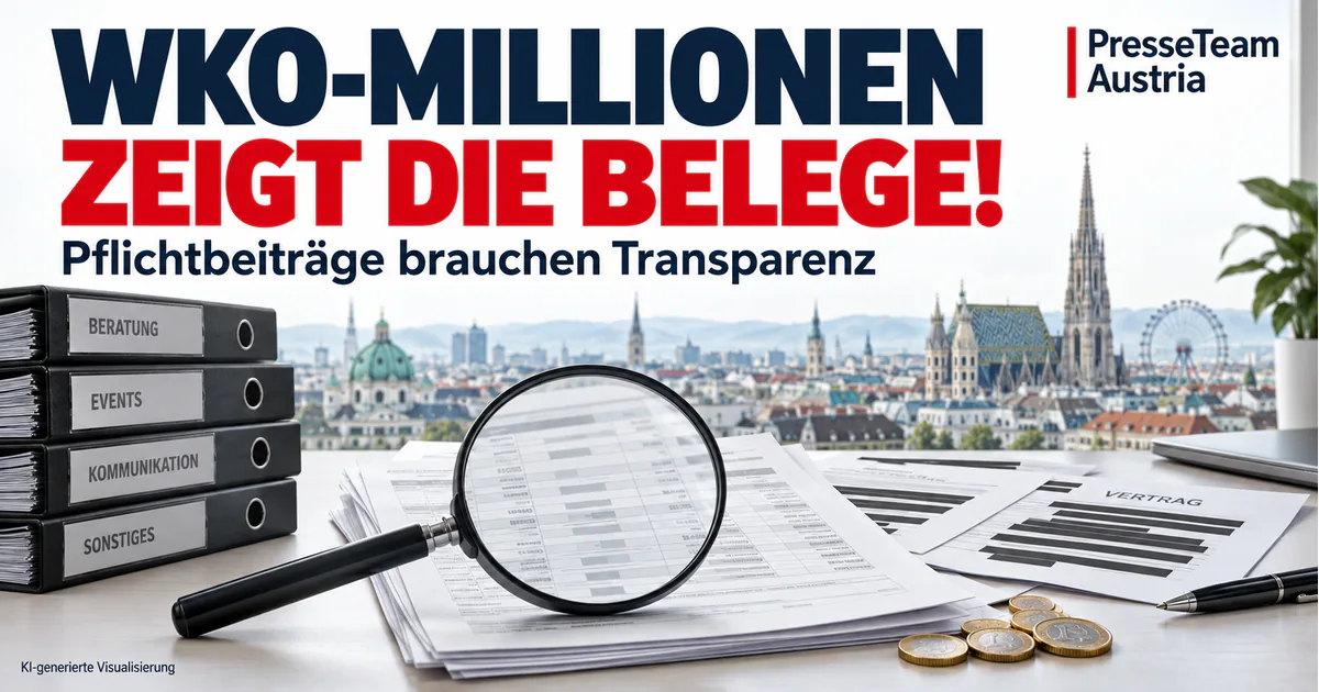 WKO-Millionen: Zeigt die Belege! Symbolische Wiener Stadtkulisse mit Lupe, anonymen Belegen und Euro-Münzen; Bildtext: WKO-Millionen – Zeigt die Belege!
