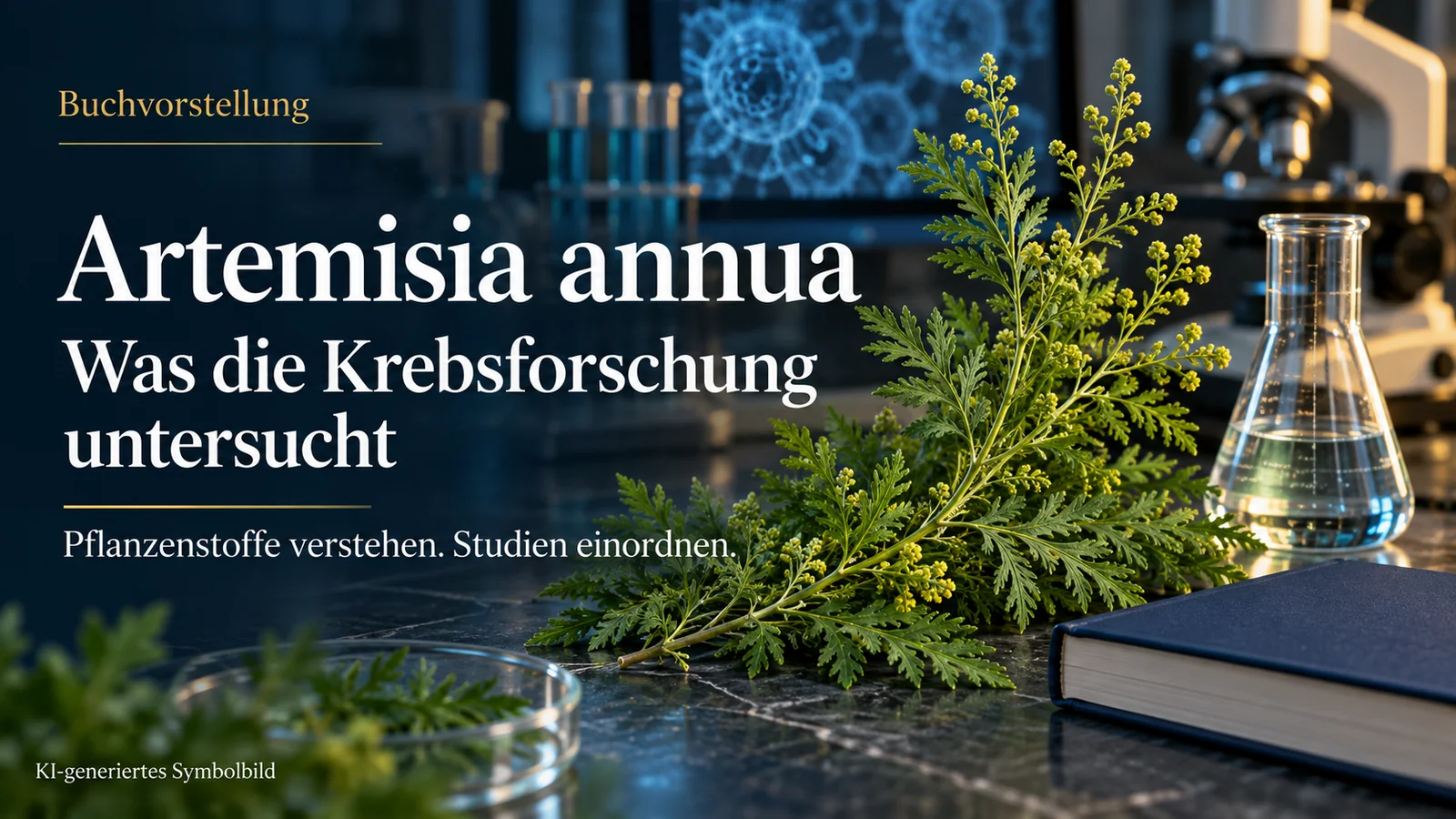 KI-Symbolbild zur Buchvorstellung: Artemisia-annua-Pflanze, Laborgefäß, Mikroskop und neutrales Buch; Bildtext: Was die Krebsforschung untersucht.