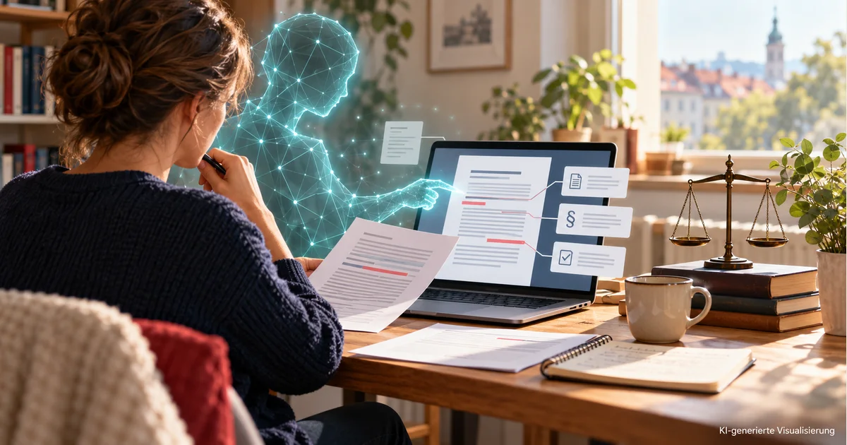Eine Person ordnet am Laptop Dokumente; eine symbolische KI-Assistenz und eine Waage veranschaulichen den Zugang zum Recht.