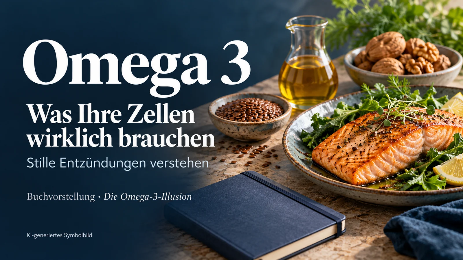 KI-Symbolbild zur Buchvorstellung: Lachs, Walnüsse, Leinsamen, ein Ölkrug und ein neutrales Notizbuch; Bildtext: Omega 3 – Was Ihre Zellen wirklich brauchen.